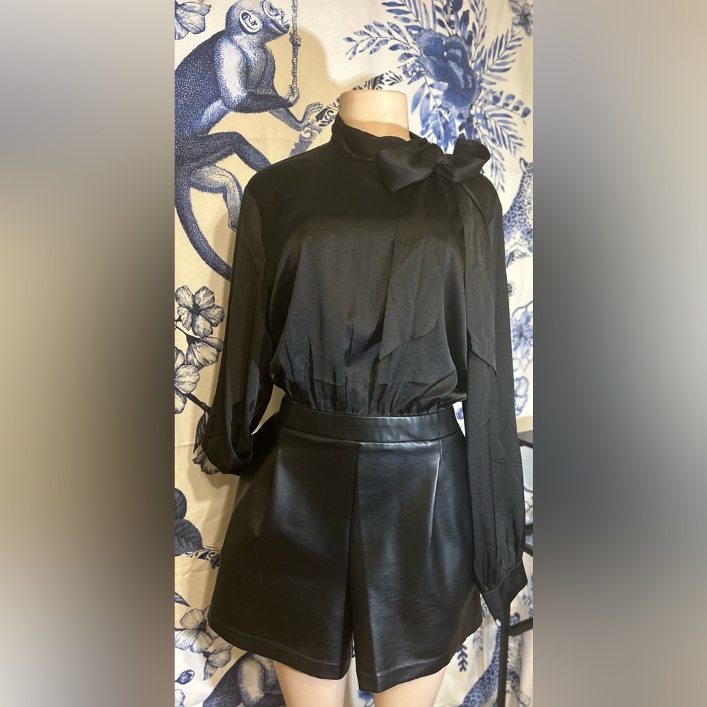 Express Black Satin & Faux Leather Short Jumpsuit with Long Sleeves (One Piece)